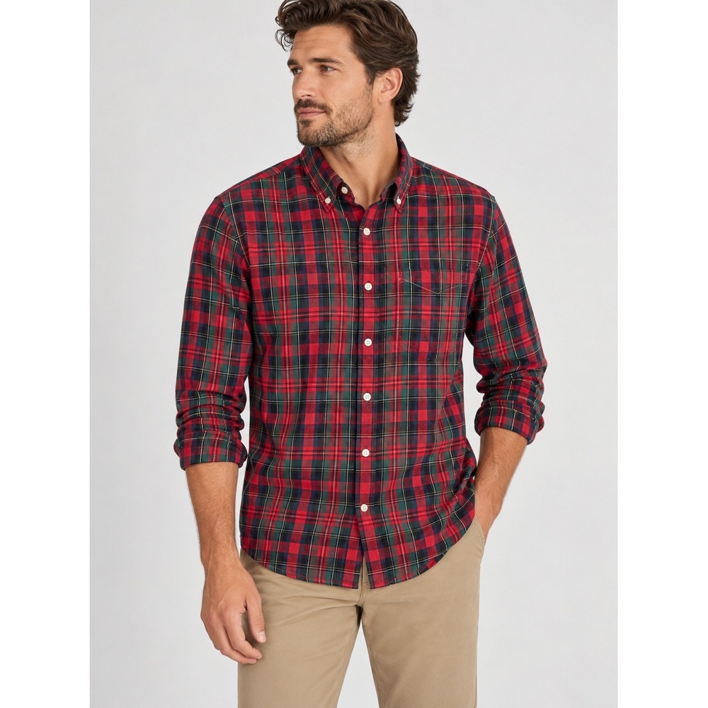 Club Monaco Mens Slim Fit Plaid Button Down Shirt Red Green Black Medium